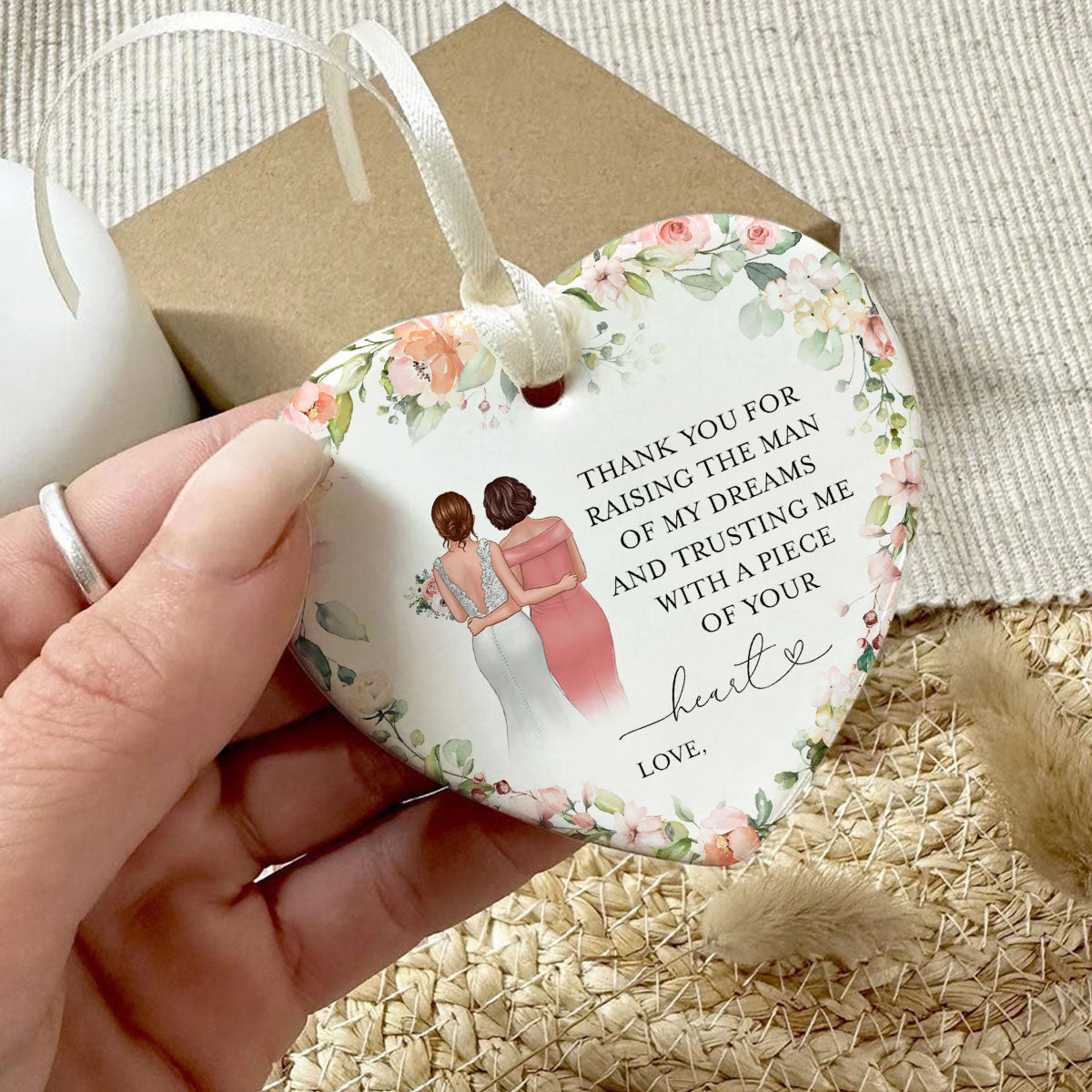Thank You For Raising The Man Of My Dreams Personalized Heart Ceramic Ornament, Unique Wedding Gift, Christmas Gift, Sentimental Gift For Mother In Law