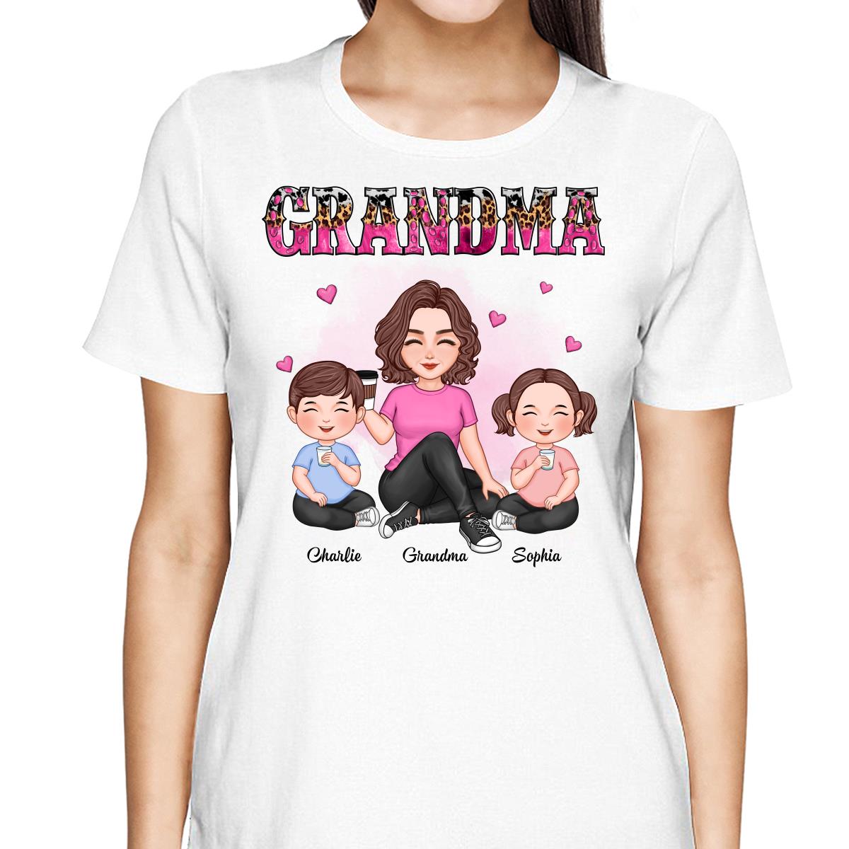 Grandma Sitting With Grandkids Leopard Pattern Personalized Shirt