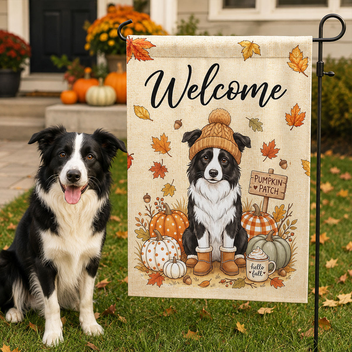 Hello Fall Custom Dog Cat Pet Portrait from Photo - Personalized Garden Flag - Cozy Fall Decor for Pet Lovers