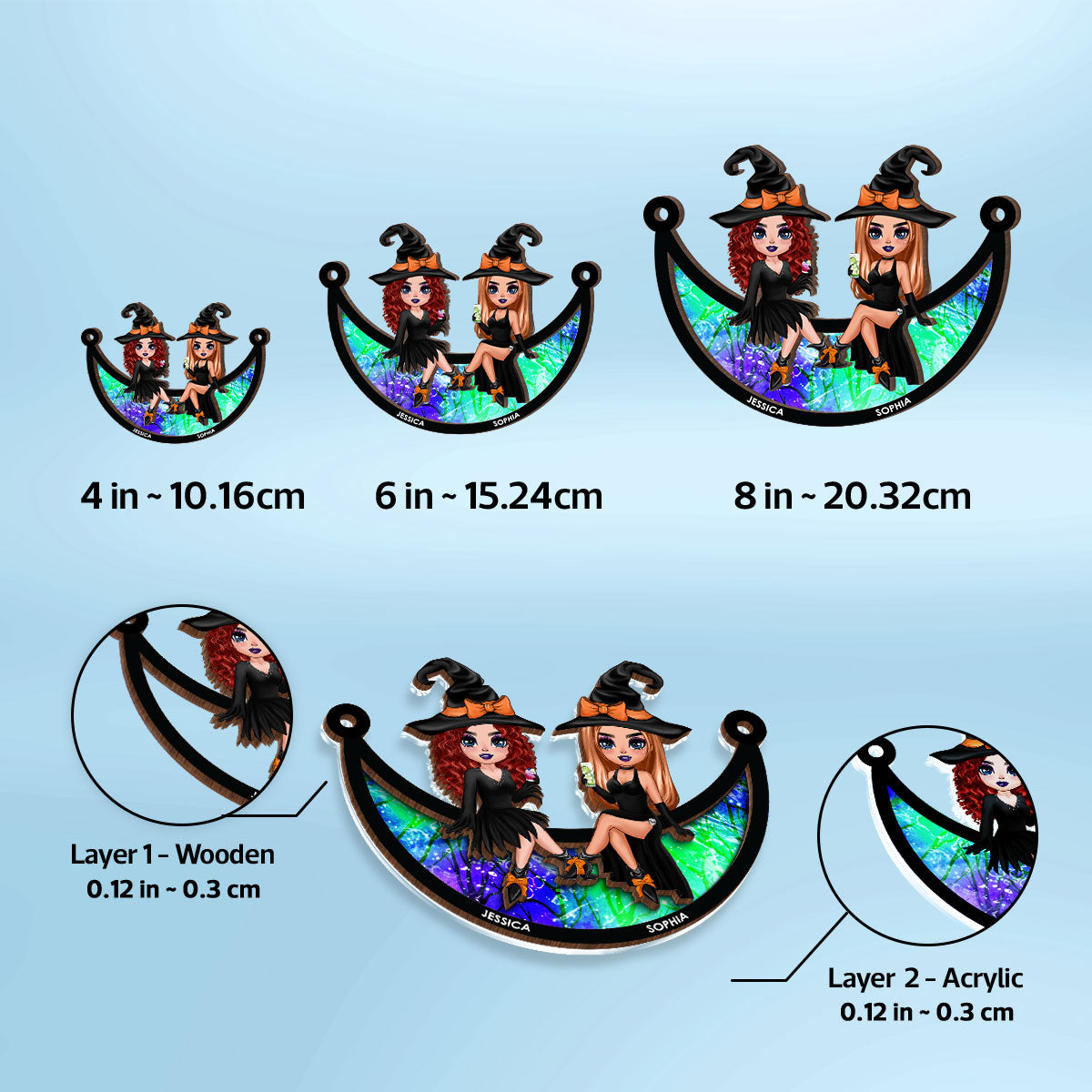 Halloween Witch Besties Sitting On Moon Personalized Window Hanging Suncatcher Ornament, Halloween Decor
