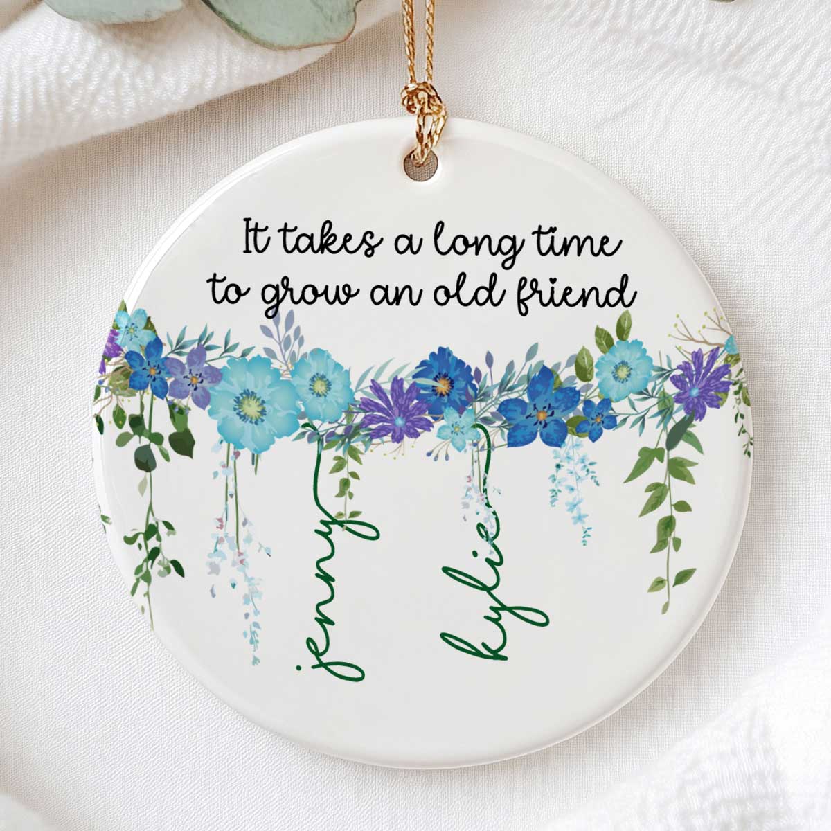 Grow Old Friends Vine Flowers Personalized Circle Ceramic Ornament, Gift for Besties, Best Friends
