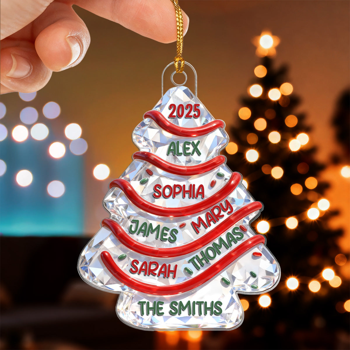 3D Effect Flat Family Names Christmas Tree Cake - Personalized Acrylic Ornament - Christmas Gift For Whole Family, Extended Family