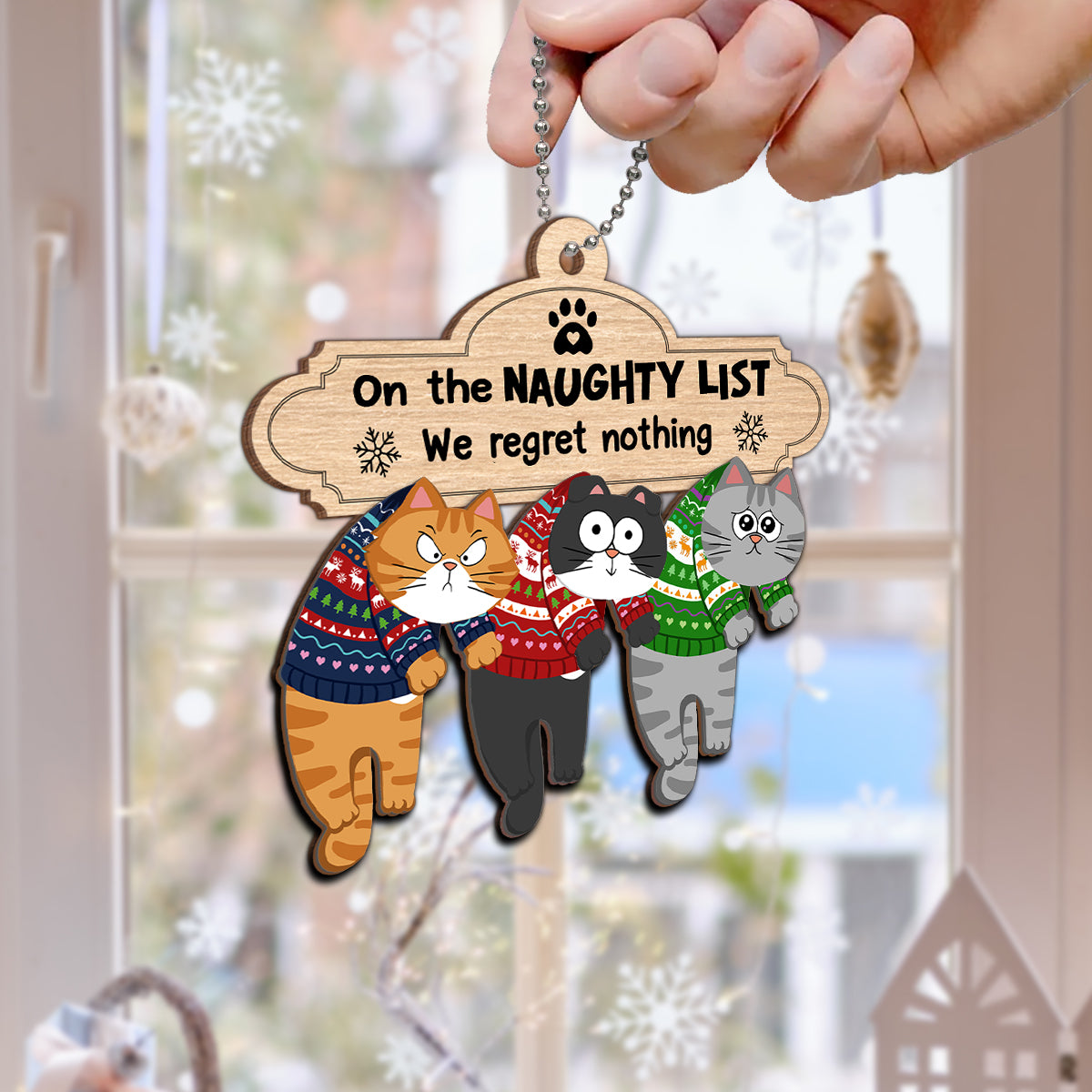 Christmas Naughty Cats Hanging On Mantel Personalized 2-Layer Wooden Ornament, Gift For Cat Lovers