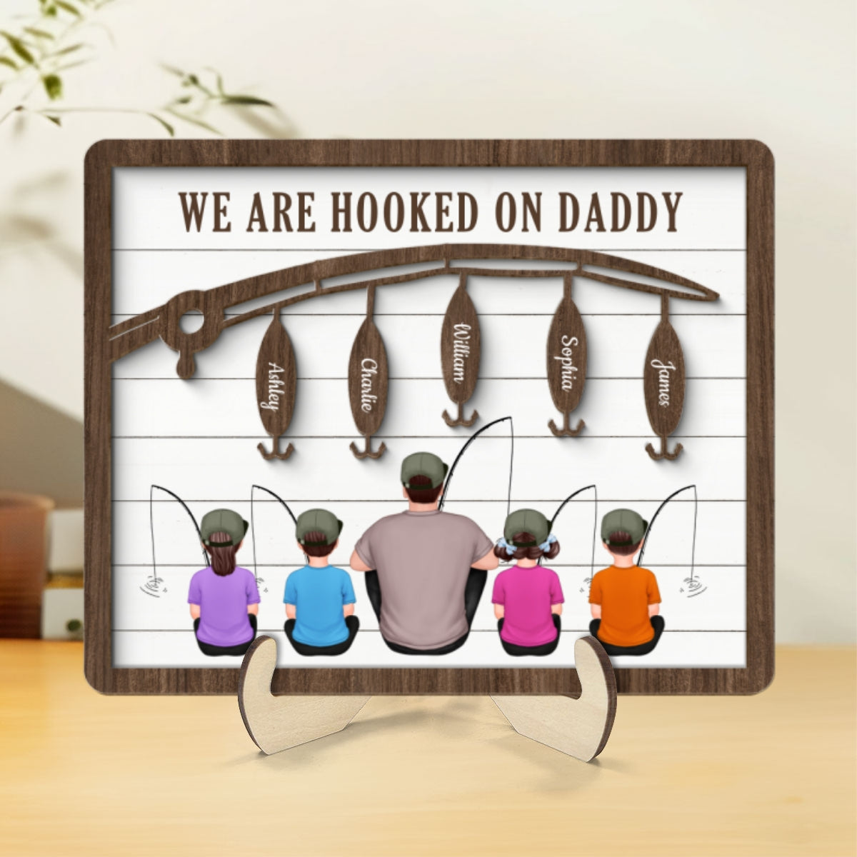 Hooked On Being Fishing Dad Grandpa Sitting Back View Personalized 2-Layer Wooden Plaque