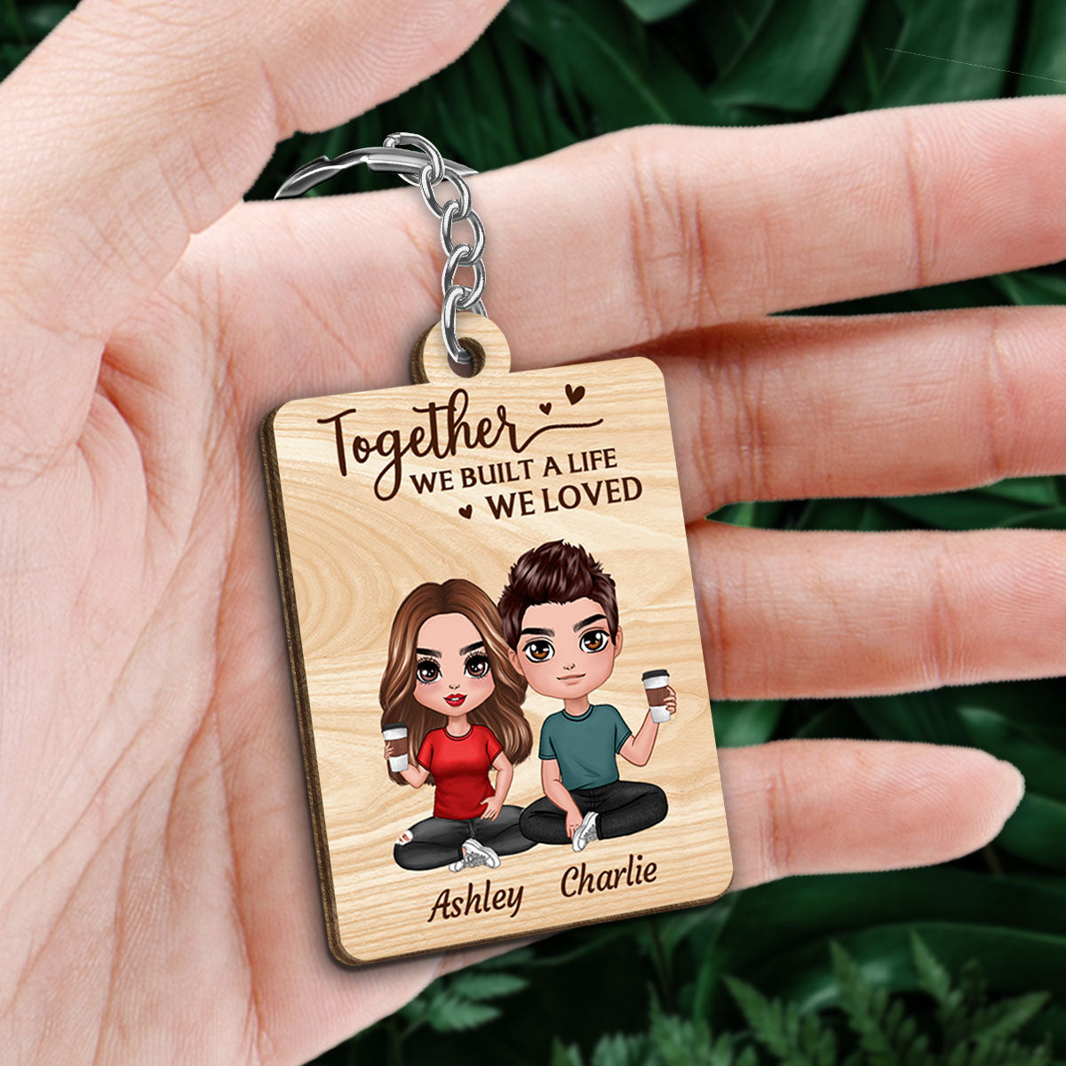 Doll Couple Sitting Anniversary Date Calendar Personalized Wooden Keychain