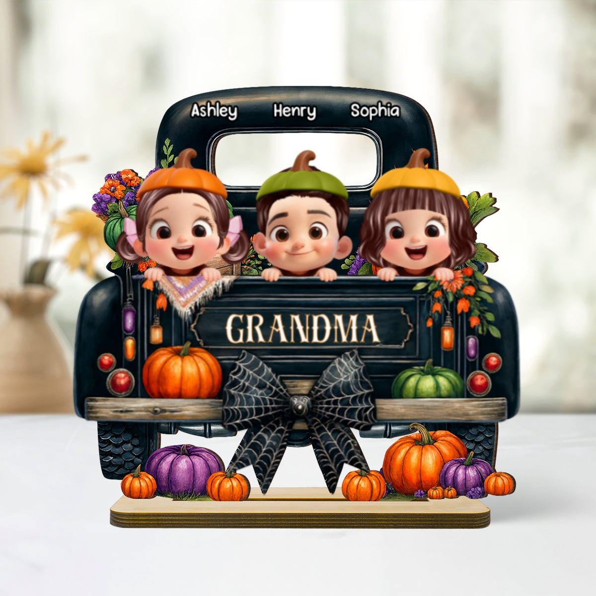 Grandkids Peeking on Halloween Truck Personalized Standing Wooden Plaque, Fall Halloween Decor for Grandma