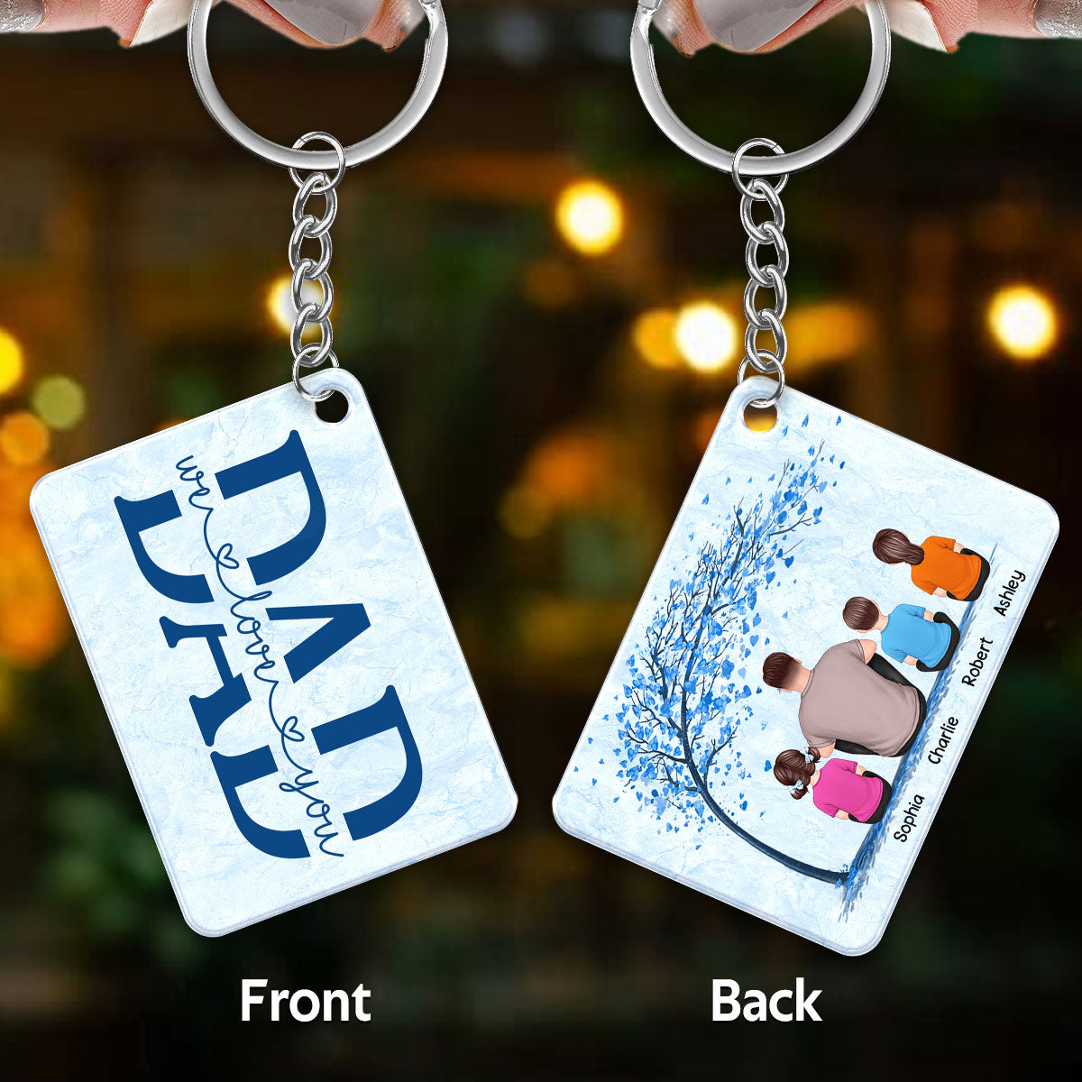 Dad And Kids Under Blue Tree Personalized Acrylic Keychain