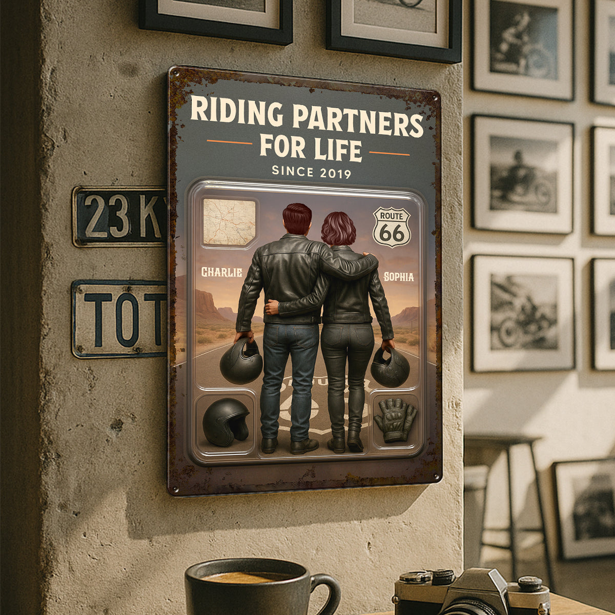 3D Effect Custom Figure Couple Bikers Riding Partners For Life Personalized Metal Sign