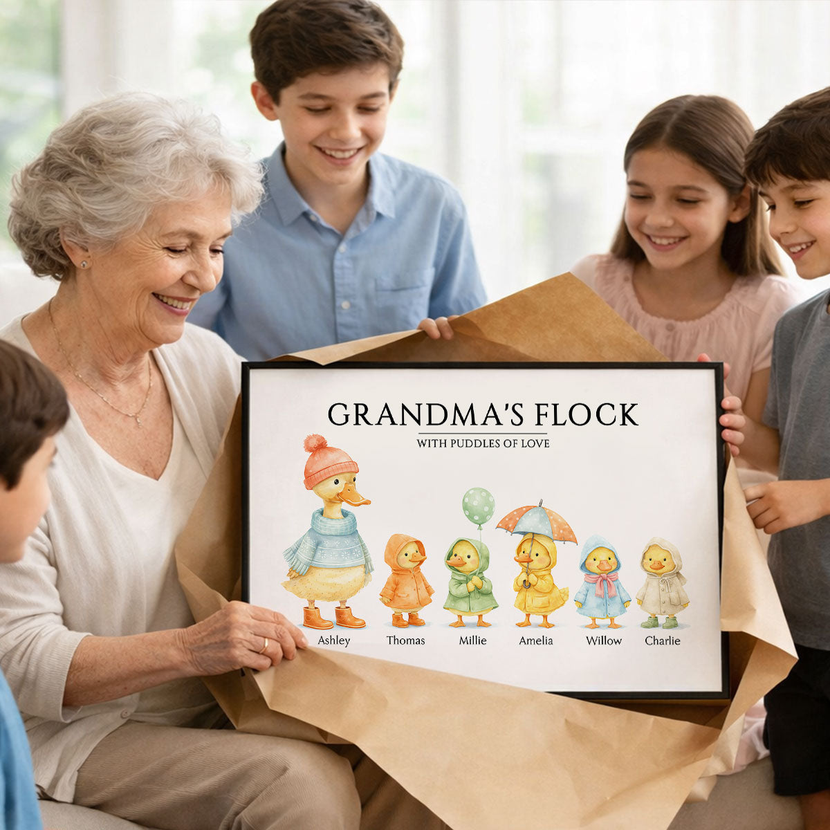 Grandma's Flock with Puddles of Love - Personalized Poster - Mother's Day Gift for Grandma