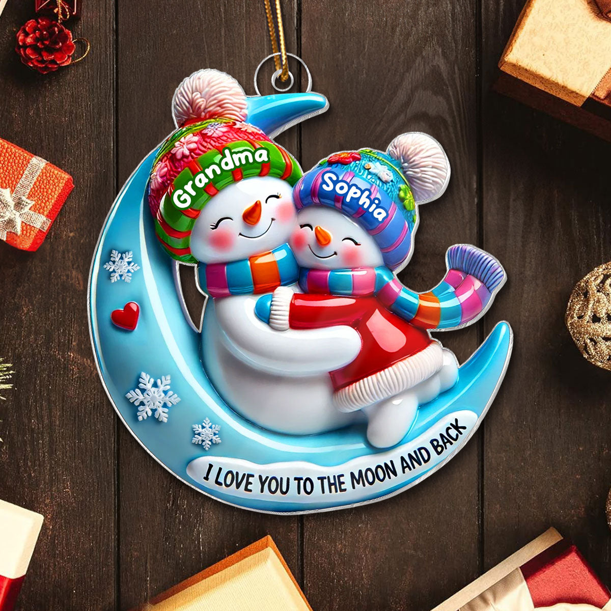 3D Effect Blue Moon Grandma Hugging Grandkid On The Moon Personalized Acrylic Ornament, Christmas Gift For Granddaughter, Grandson