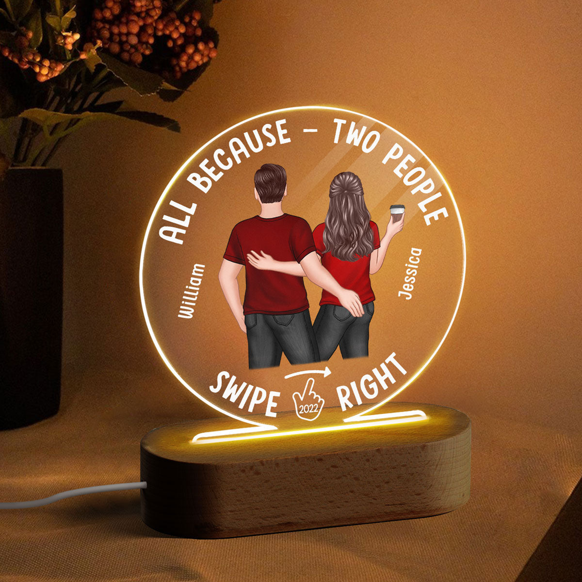 Two People Swipe Right Couple Dating App Personalized Circle LED Night Light, Acrylic LED Lamp, Valentine‘s Day Gift For Him, Gift For Her