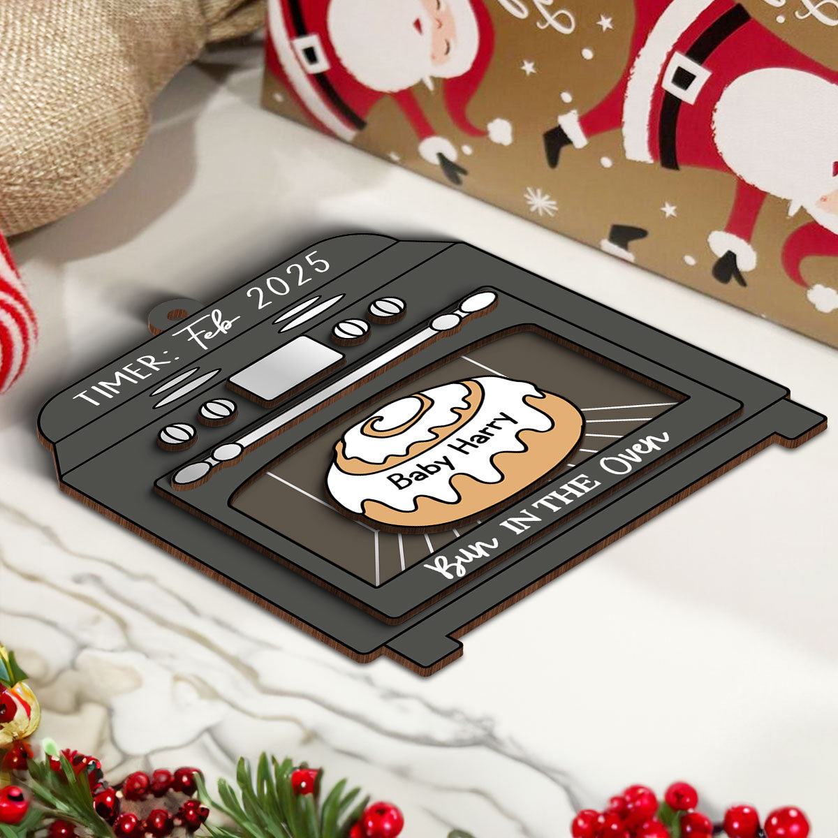Bun In The Oven Pregnancy Announcement Expecting Baby Arriving Keepsake Christmas Personalized 3-Layer Wooden Ornament