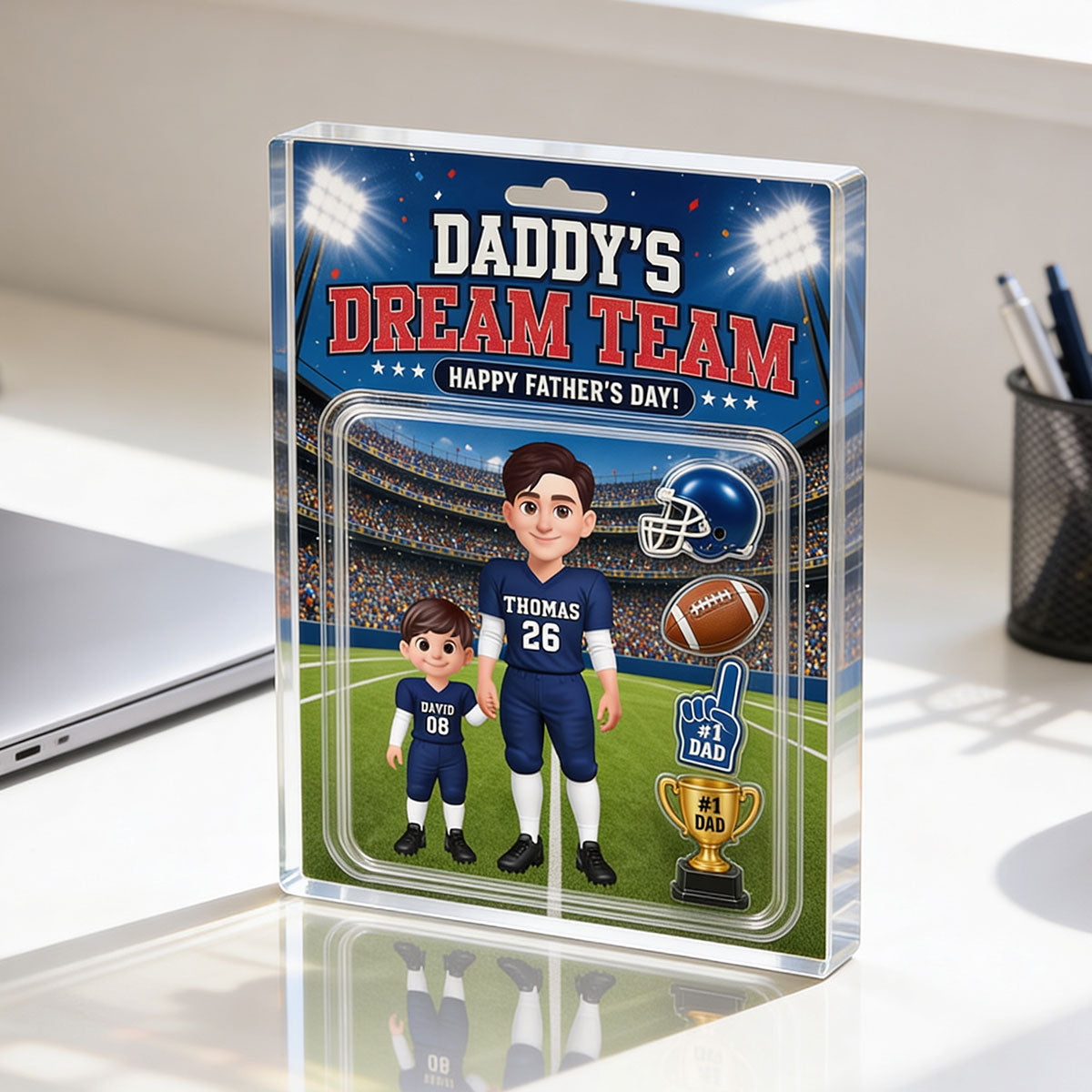 American Football Dad Daddy's Dream Team - Personalized Acrylic Block Plaque - Father's Day Gift For Football Dad, Husband