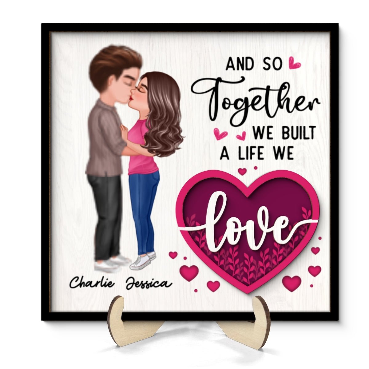 Couple Kissing Pink Heart Valentine‘s Day Gift For Him For Her Personalized 2-Layer Wooden Plaque