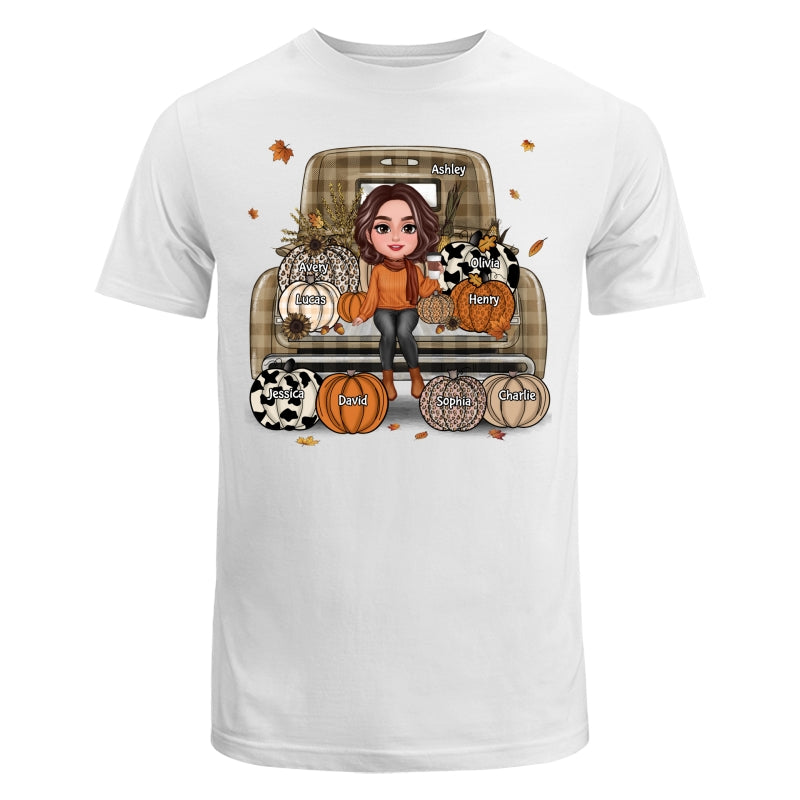 Grandma Mom Fall Season Sitting On Leopard Truck Pumpkins Personalized Shirt