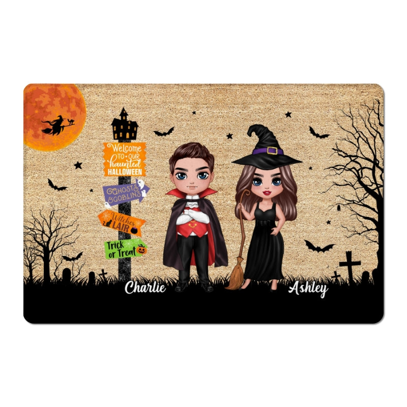 Welcome To Our Haunted House Couple Halloween Personalized Doormat