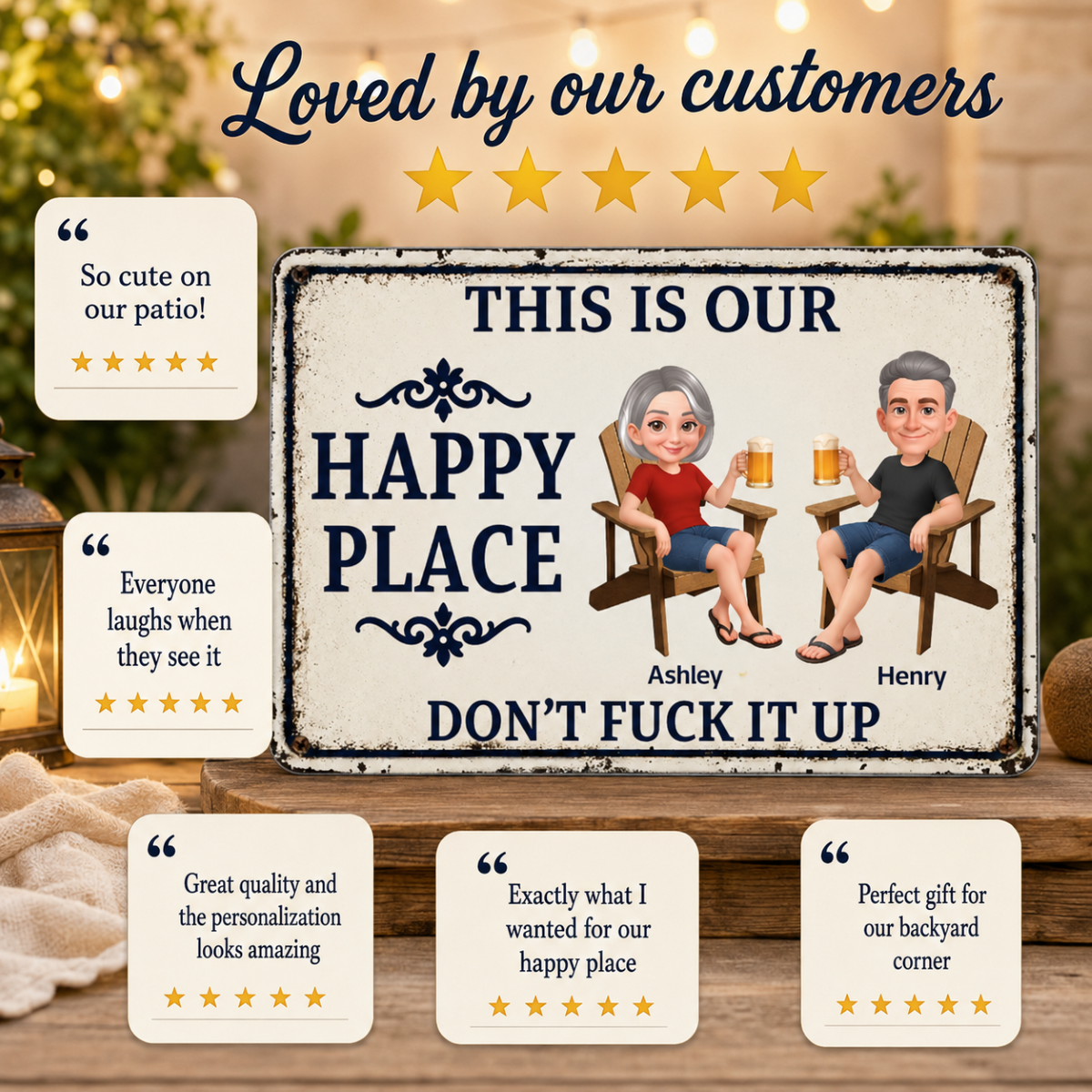 Couple This Is Our Happy Place - Personalized Metal Sign - Funny Sarcasm Decoration For Patio, Garden, Farmhouse Porch, Man Cave, Garage