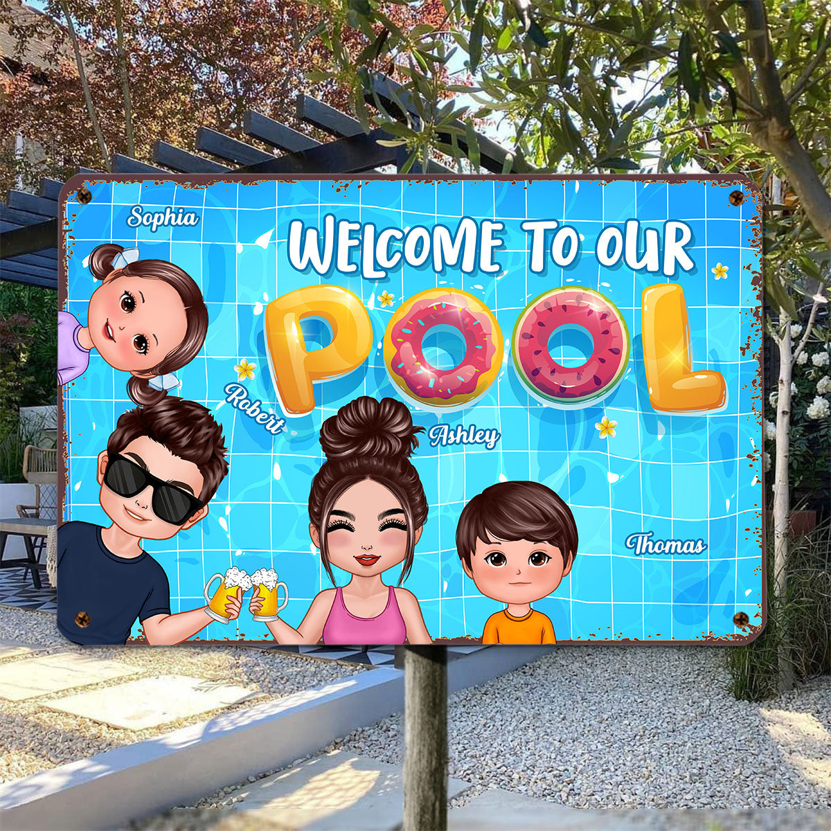 Doll Couple Dad Mom Kids Watercolor Cute Dogs Cats Summer Pool Welcome Personalized Metal Sign