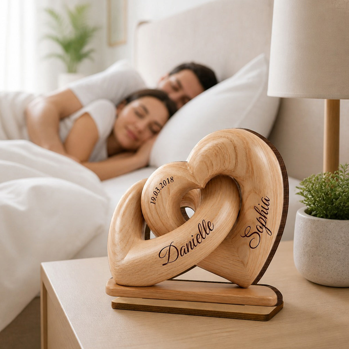 Interlocked Hearts Couple - Personalized 2-Layered Wooden Plaque - Gift for Him, for Her