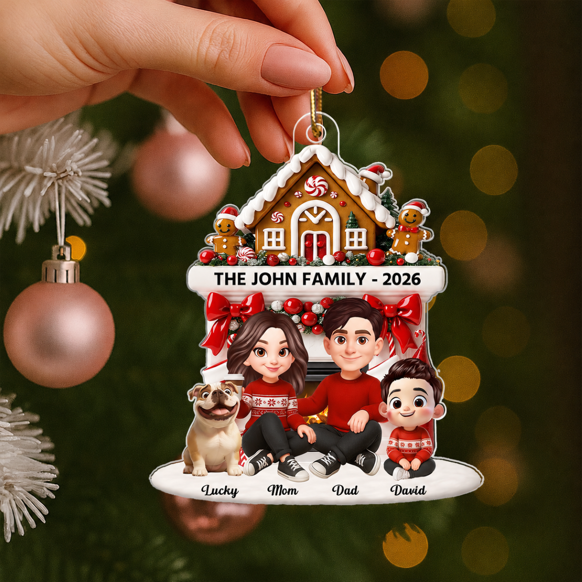 Family Sitting by the Fireplace Personalized Acrylic Ornament - Christmas Gift for Mom, Dad, Children