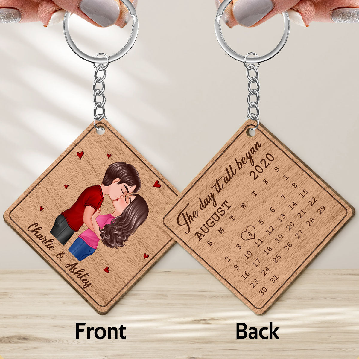 Doll Couple Kissing Calendar Anniversary Date Personalized Wooden Keychain