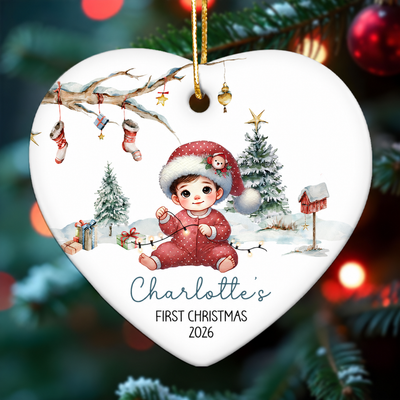 Watercolor Woodland Baby's First Christmas Personalized Heart Shaped Ceramic Ornament, Christmas Gift Keepsake for New Mom New Dad
