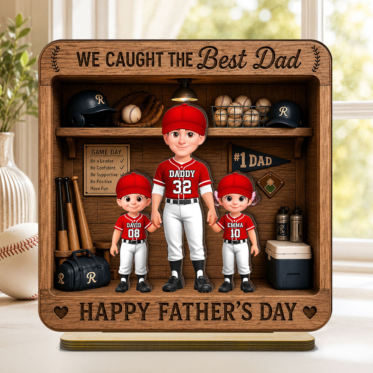 Baseball Dad & Kids Locker Room - Personalized 2-Layered Wooden Plaque - Father's Day Gift For Dad, Husband