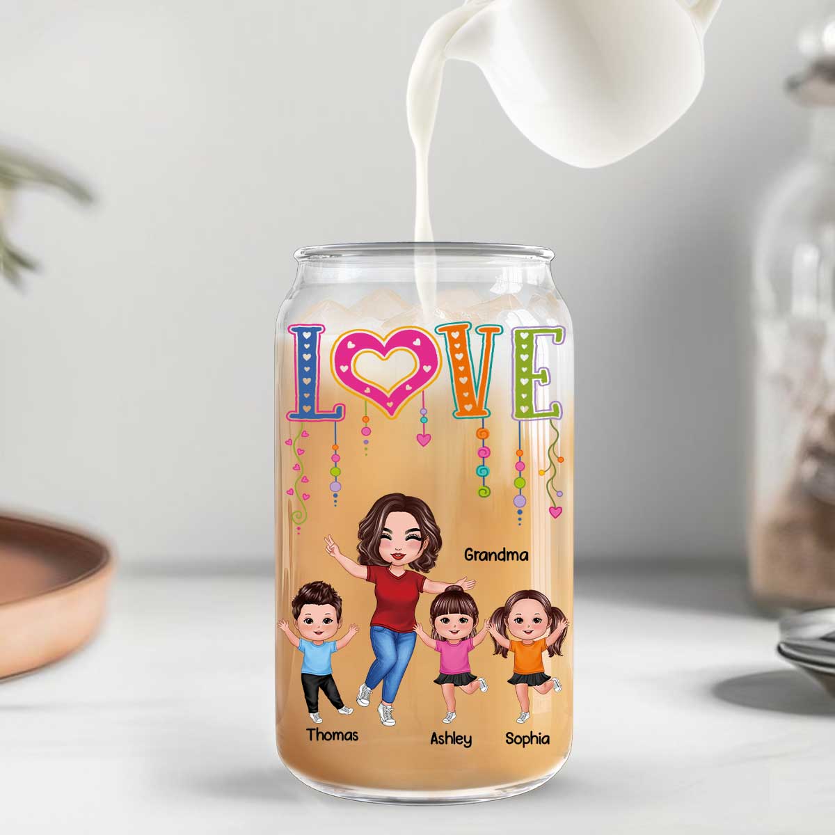 LOVE Happy Doll Grandma With Kids Personalized Clear Glass Can