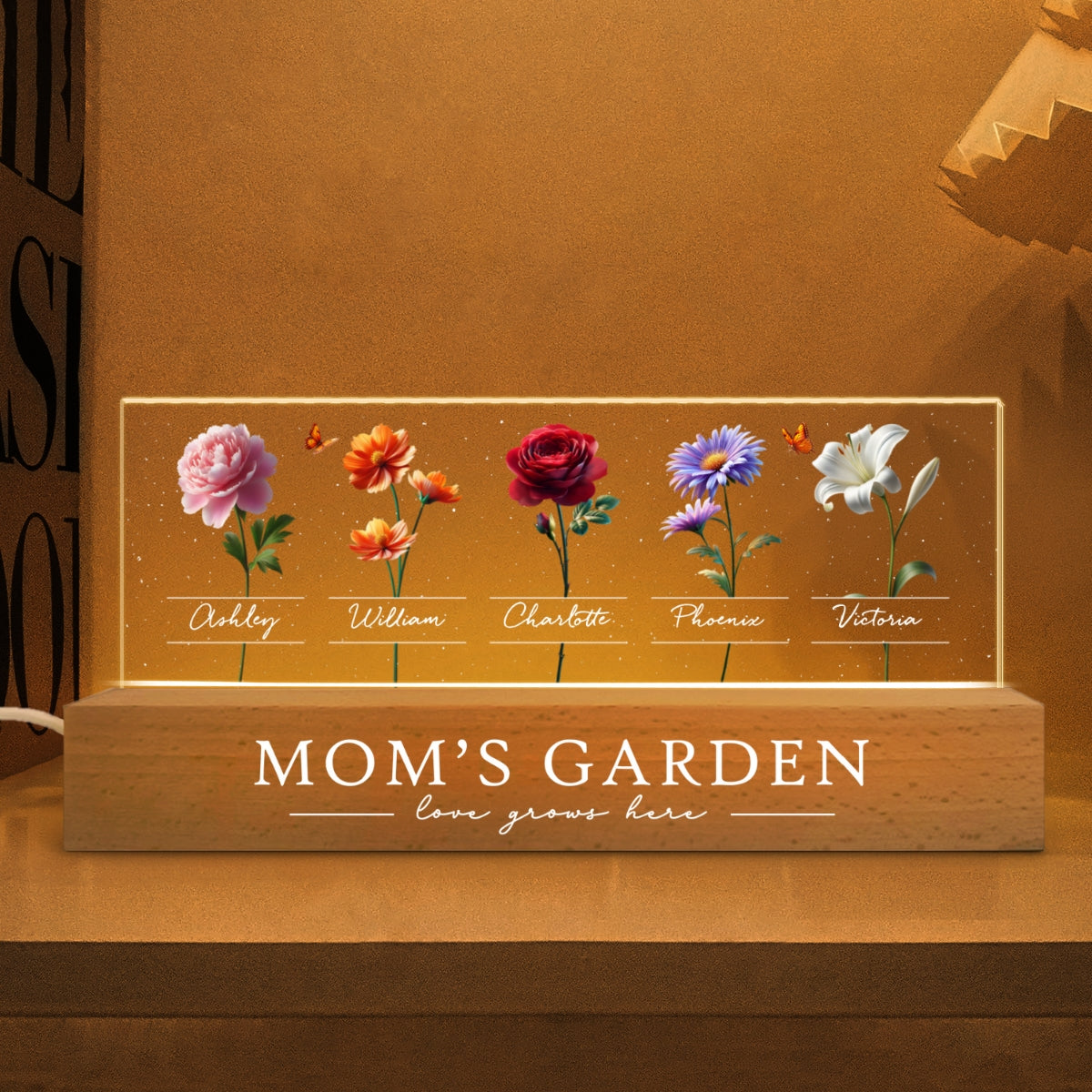 Mom's Garden 3D Effect Birth Month Flower Personalized Acrylic Block LED Night Light, Heartfelt 2025 Gift For Mom, Grandma
