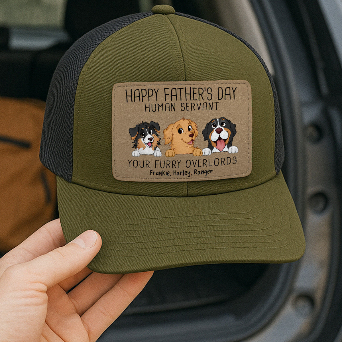 Happy Father‘s Day Human Servant Funny Cute Dogs Personalized Leather Patch Hat, Gift For Dog Dad