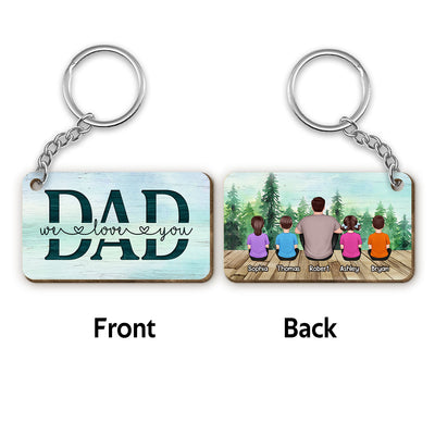 Dad And Kids Back View Sitting Forest Personalized Wooden Keychain
