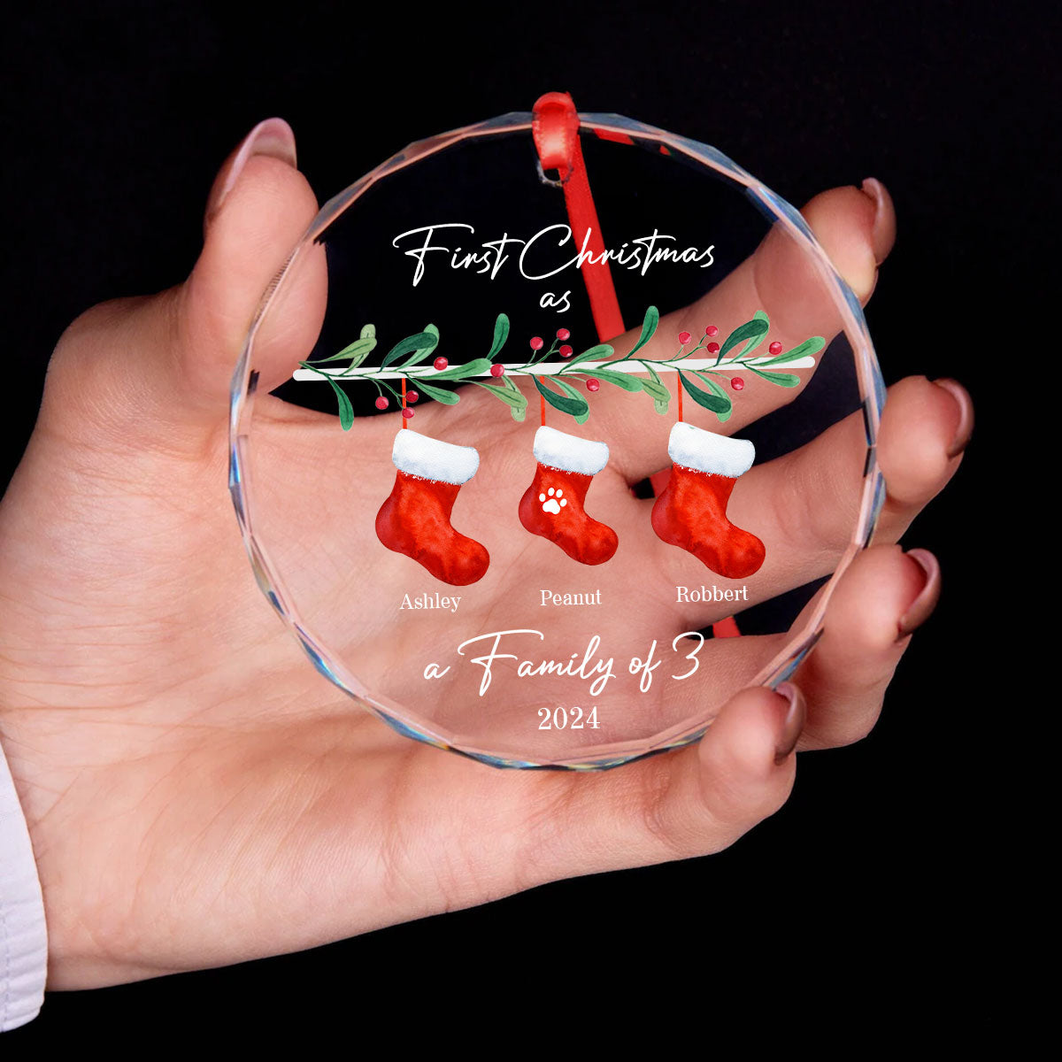 First Christmas As Family Of 3 Personalized Glass Ornament, Baby New Born, Christmas Gift For New Mom, New Dad