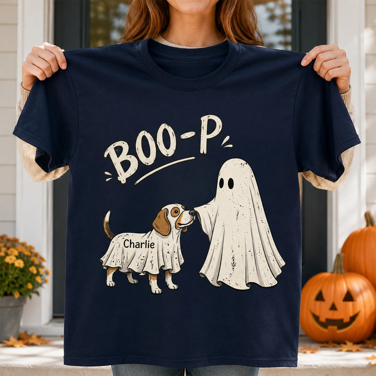 Funny Boo-p Ghost Pet Portrait From Your Pet Photo - Personalized Shirt - Halloween Gift For Dog Cat Lovers