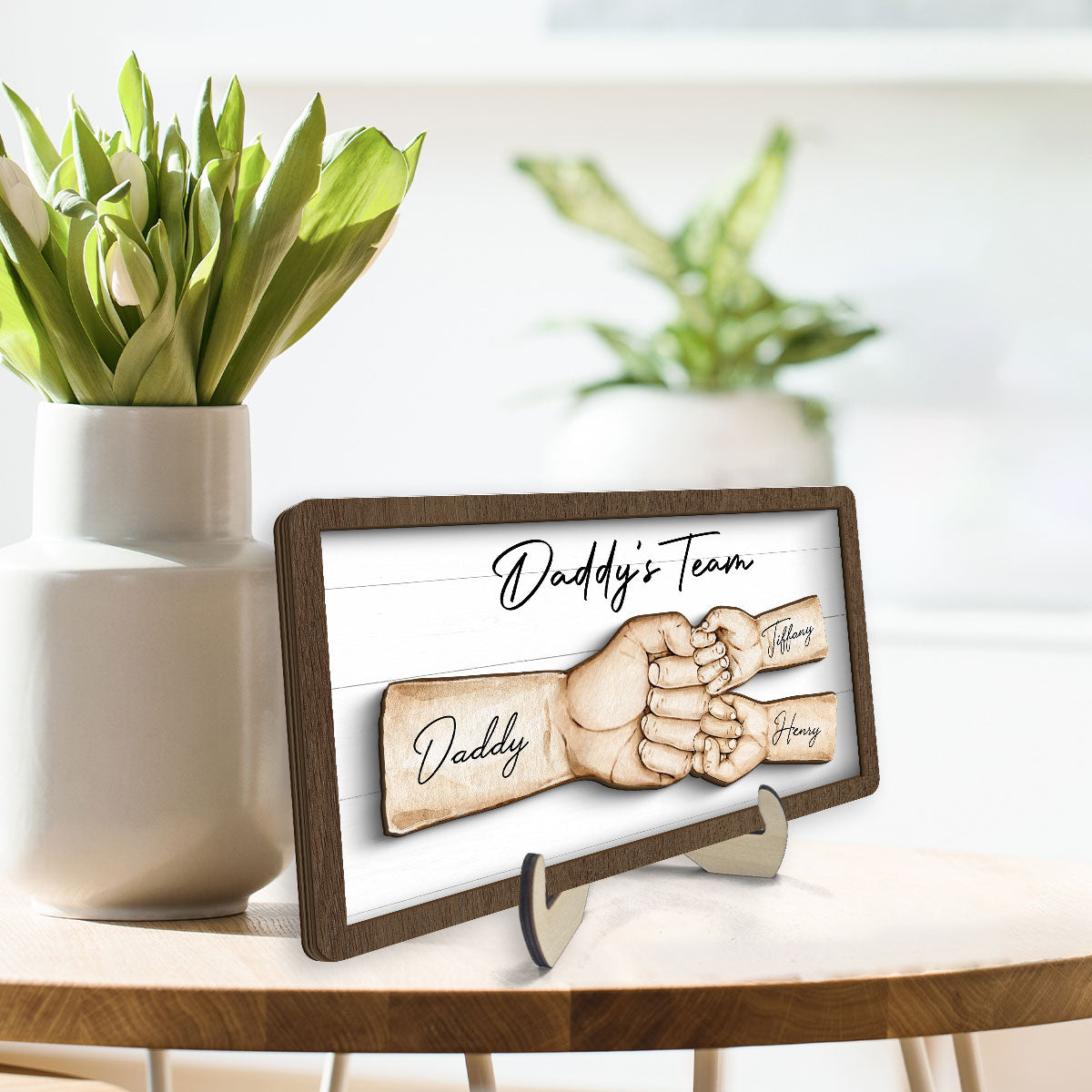 Daddy's Team Fist Bump Personalized 2-Layer Wooden Plaque, Unique Father's Day Gift for Dad, Gift for Husband