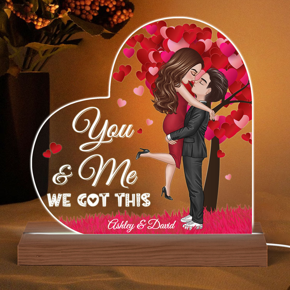 Red Tree Doll Couple Kissing Hugging Personalized Acrylic Custom Shape LED