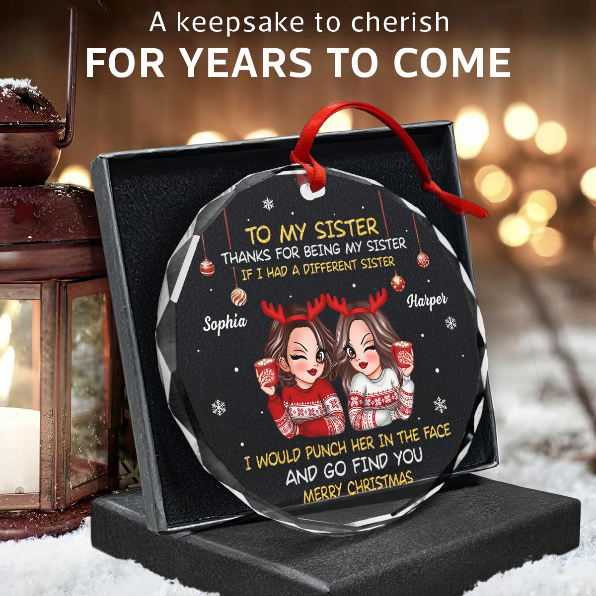 To My Sister Brother Merry Christmas Personalized Glass Ornament, Christmas Gift For Sisters, Brothers