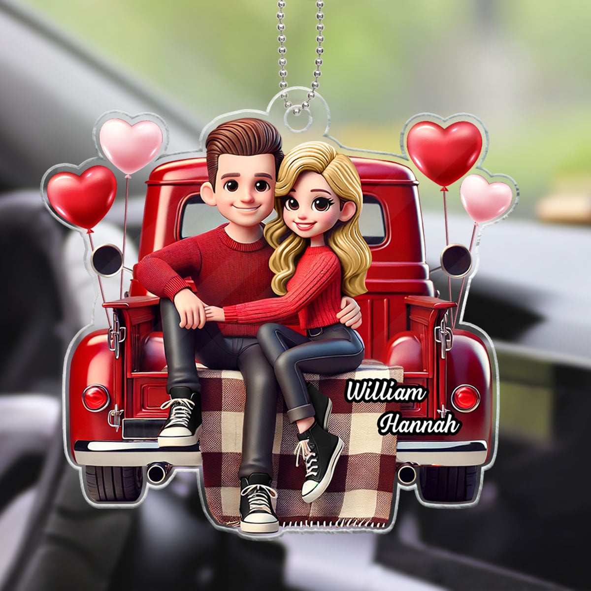 3D Effect Couple Sitting On Red Truck Personalized Acrylic Car Hanger,  Gift, Anniversary Gift For Couples