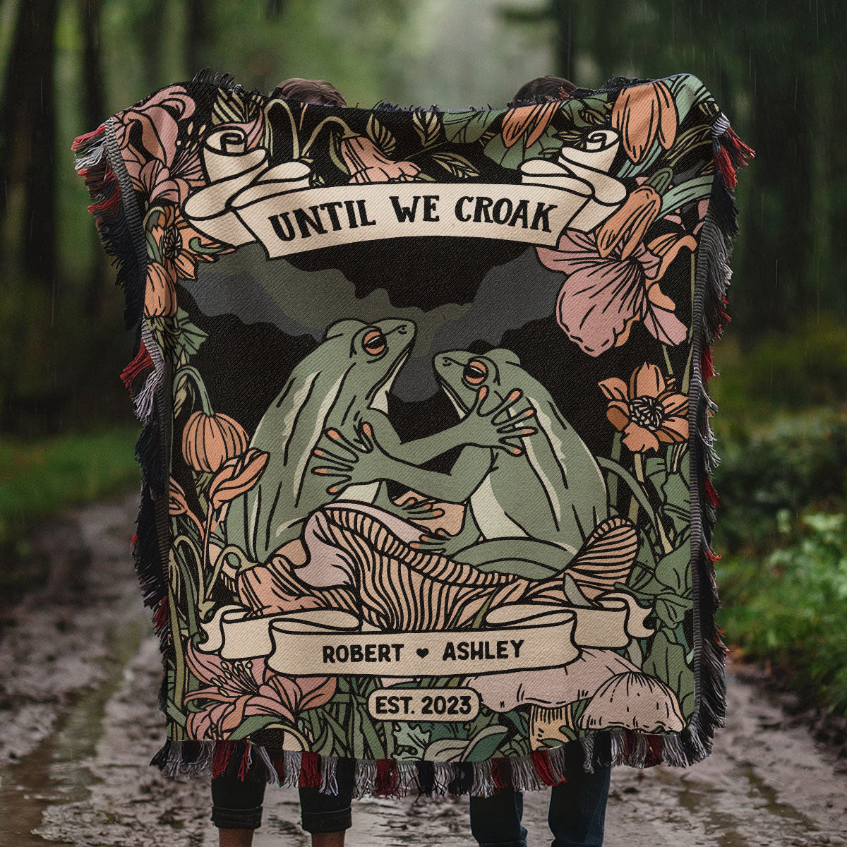 Together Until We Croak Frog Couple Vintage Anniversary Gift Personalized Tapestry Woven Blanket