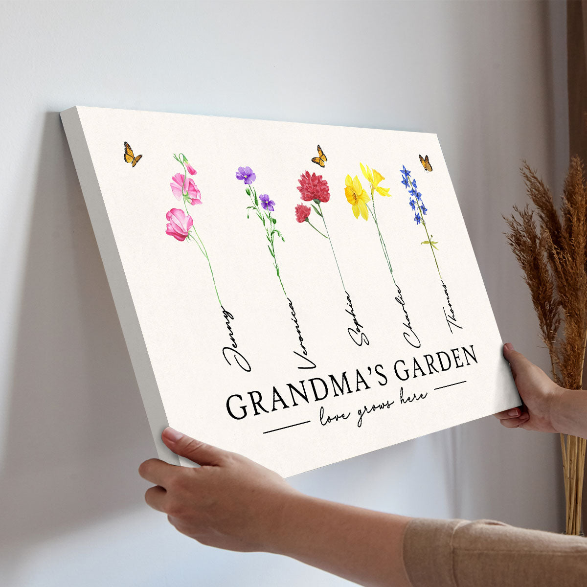 Grandma‘s Garden Love Grows Here Watercolor Birth Month Flower Gift For Grandma Mom Personalized Canvas Print
