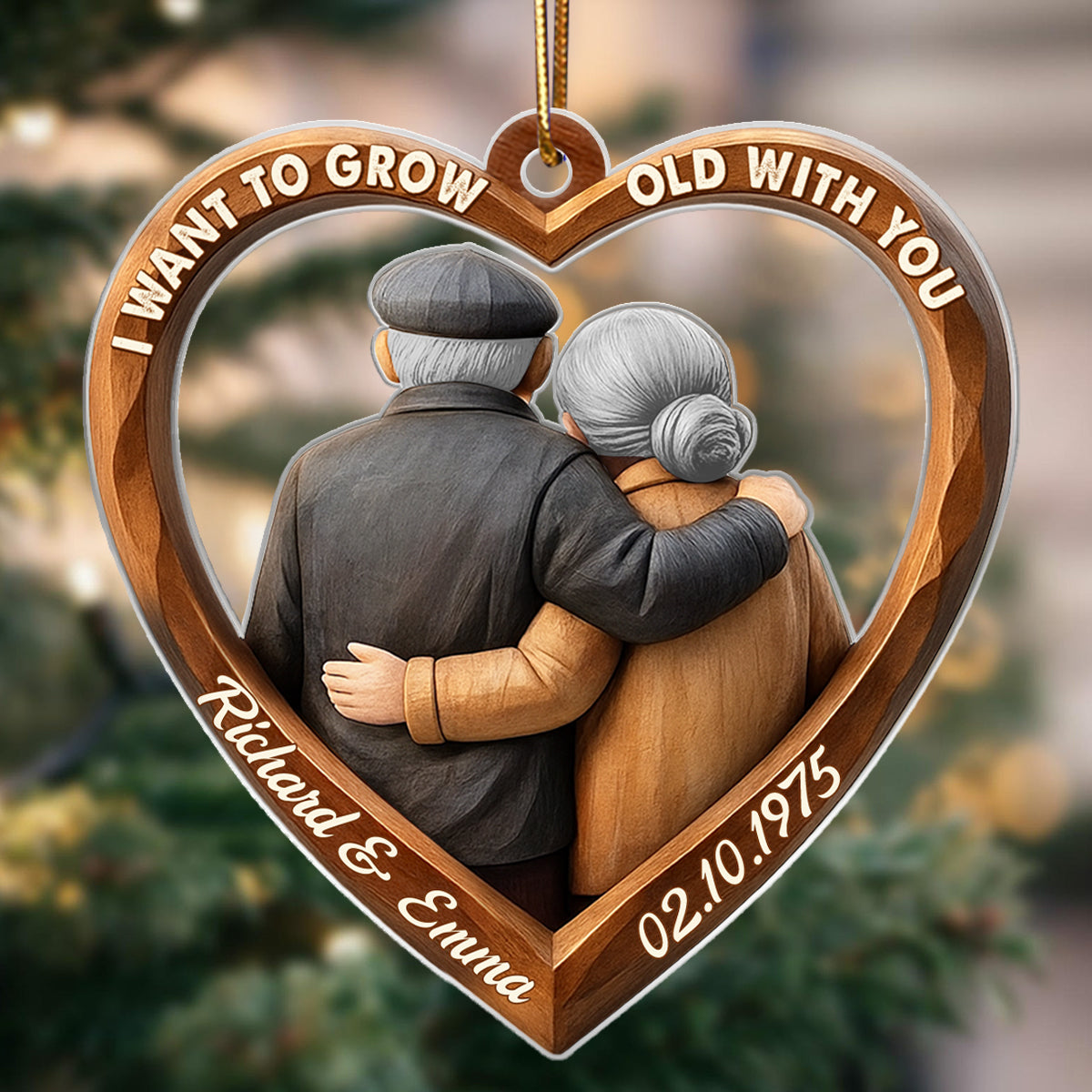 3D Effect Wooden Couple Growing Old Together - Personalized Acrylic Ornament - Christmas Gift for Couples