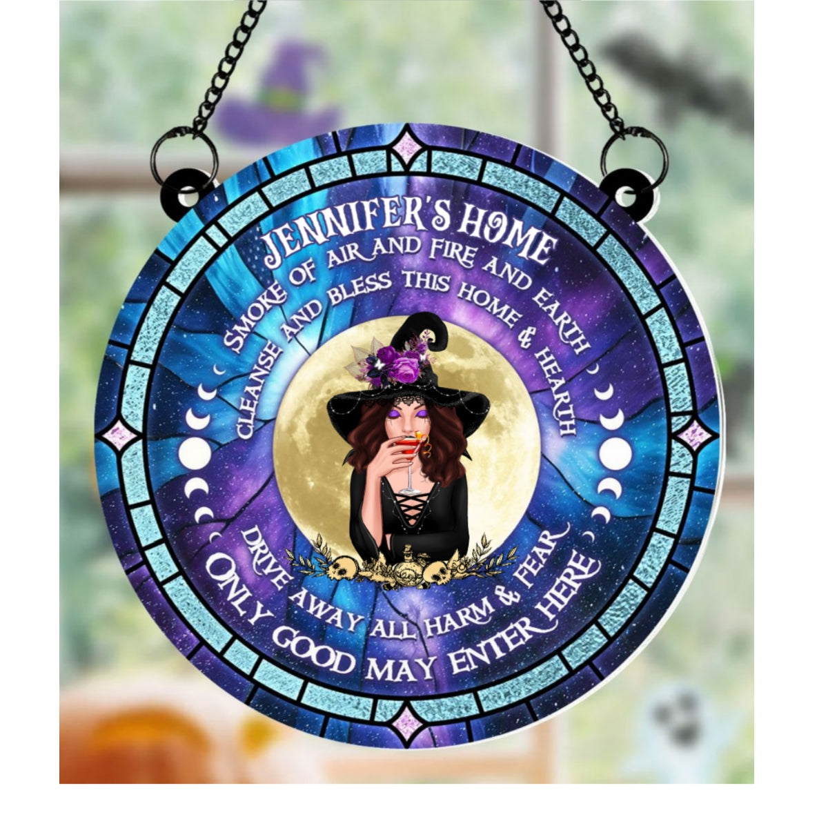 Smoke Of Air And Fire And Earth, Halloween Personalized Window Hanging Suncatcher Ornament, Halloween Witch Decor
