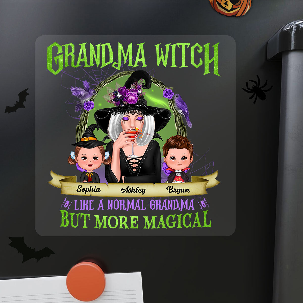Green And Purple Halloween Grandma And Kids Personalized Decal, Halloween Decor