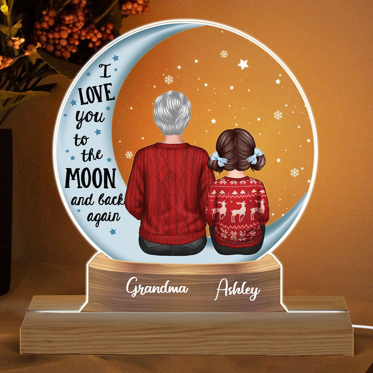 Snow Globe Grandma Grandkids On Moon Personalized Acrylic Custom Shape LED Night Light