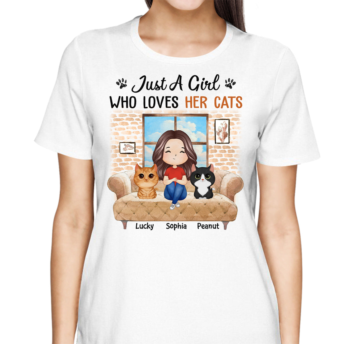 Just A Girl Who Loves Cats Watercolor Woman And Watercolor Cute Cats Sitting By The Window Personalized Shirt