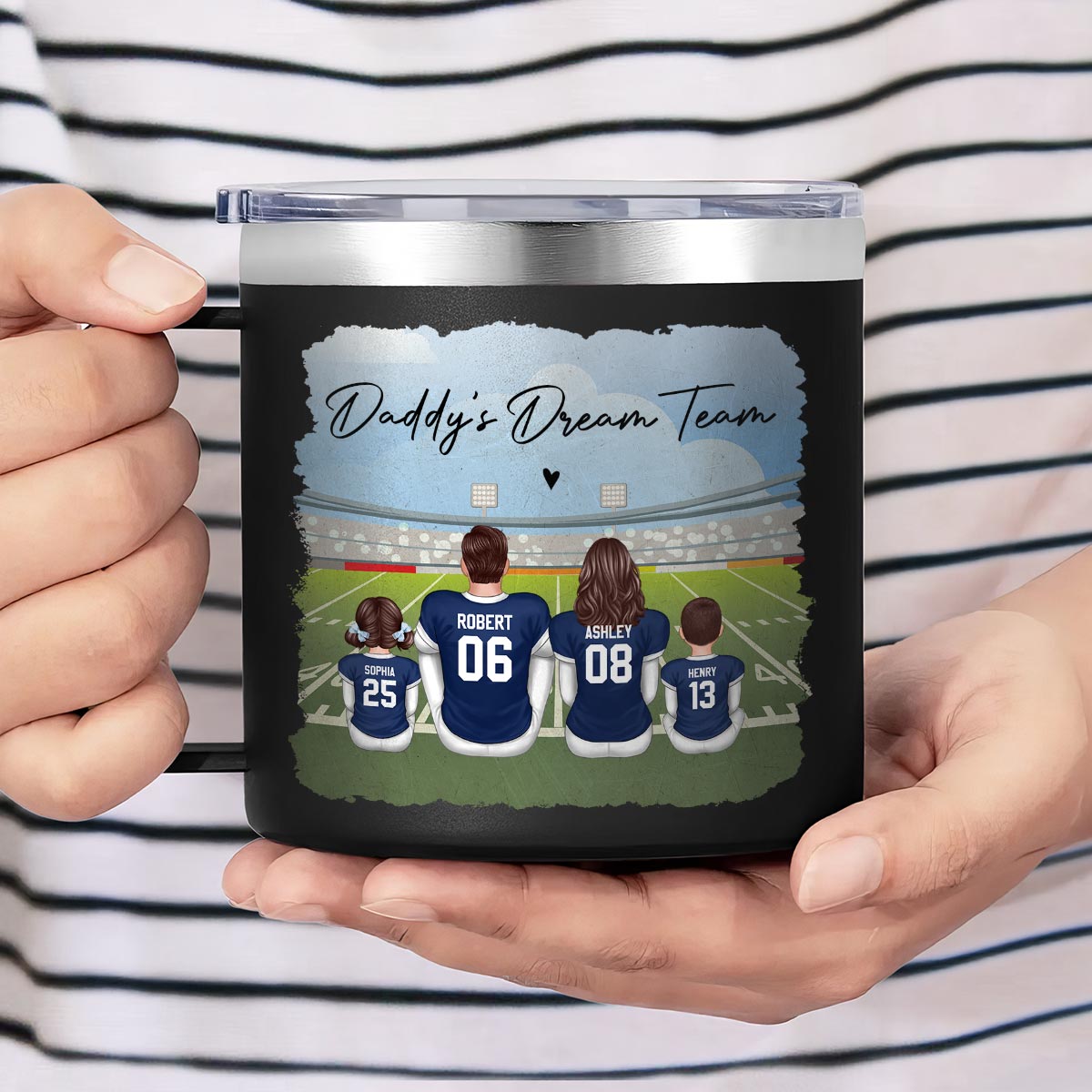 Football Daddy's Dream Team Personalized Stainless Steel Tumbler With Handle, Gift For Dad