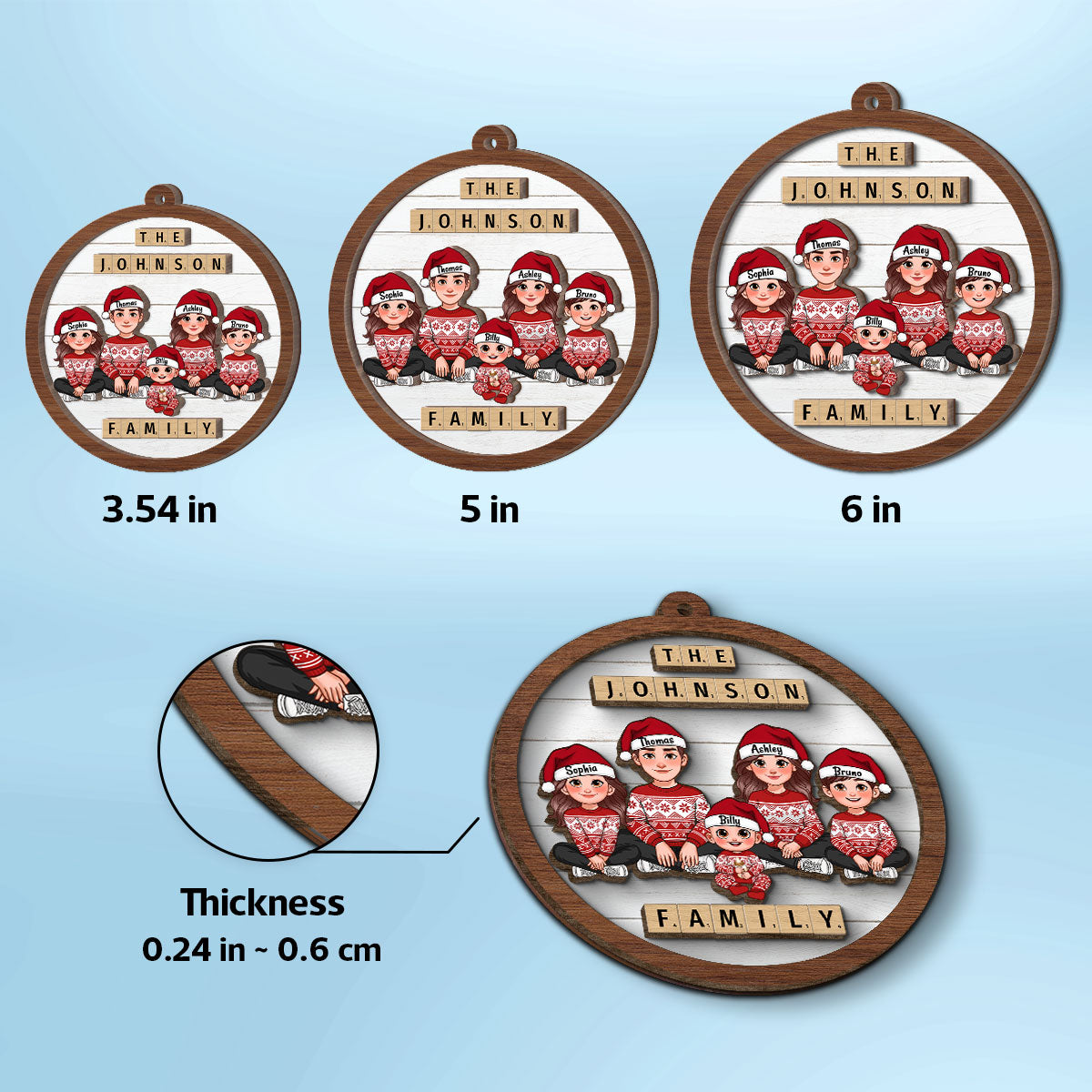 Animated Family Sitting Wooden Blocks Personalized 2-Layer Wooden Ornament, Christmas Decoration, Christmas Gift For Family