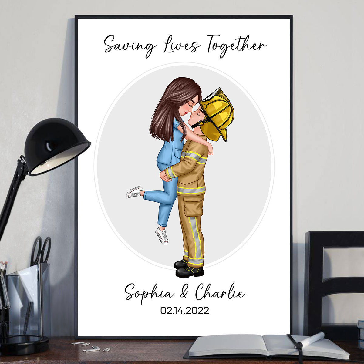 Couple Portrait Valentine‘s Day Gifts by Occupation Gift For Her Gift For Him Firefighter, Nurse, Police Officer Personalized Poster