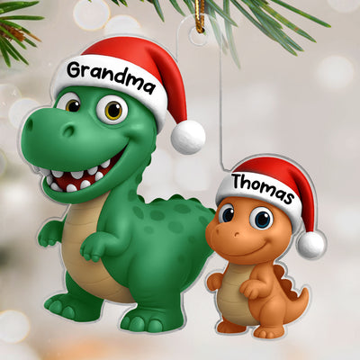 3D Effect Grandmasaurus Dinosaur Grandkid Walking Together - Personalized Acrylic Ornament