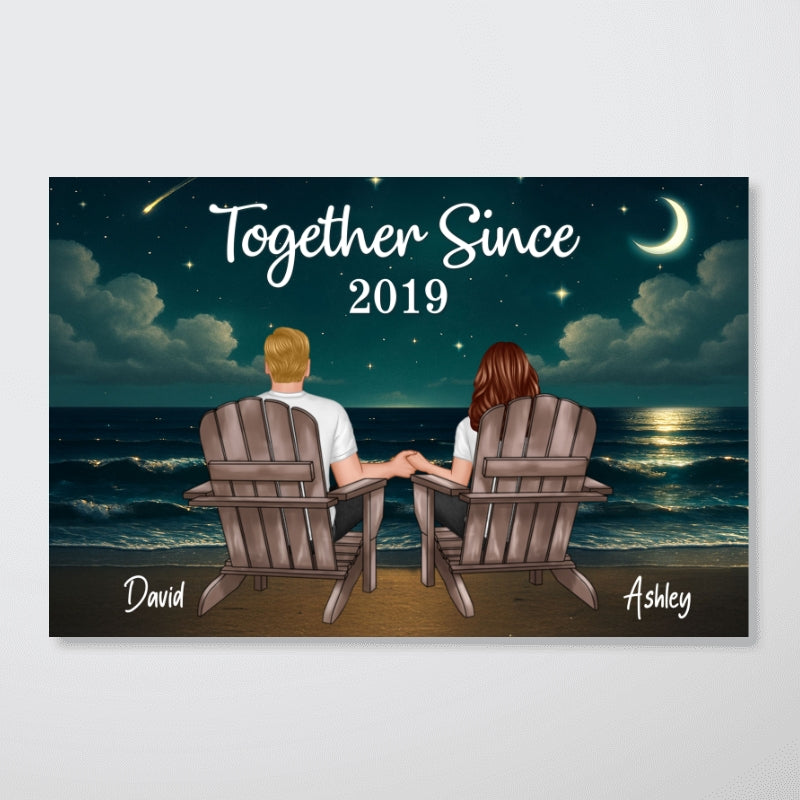 Night Beach Landscape Couple Sitting Back View Personalized Poster