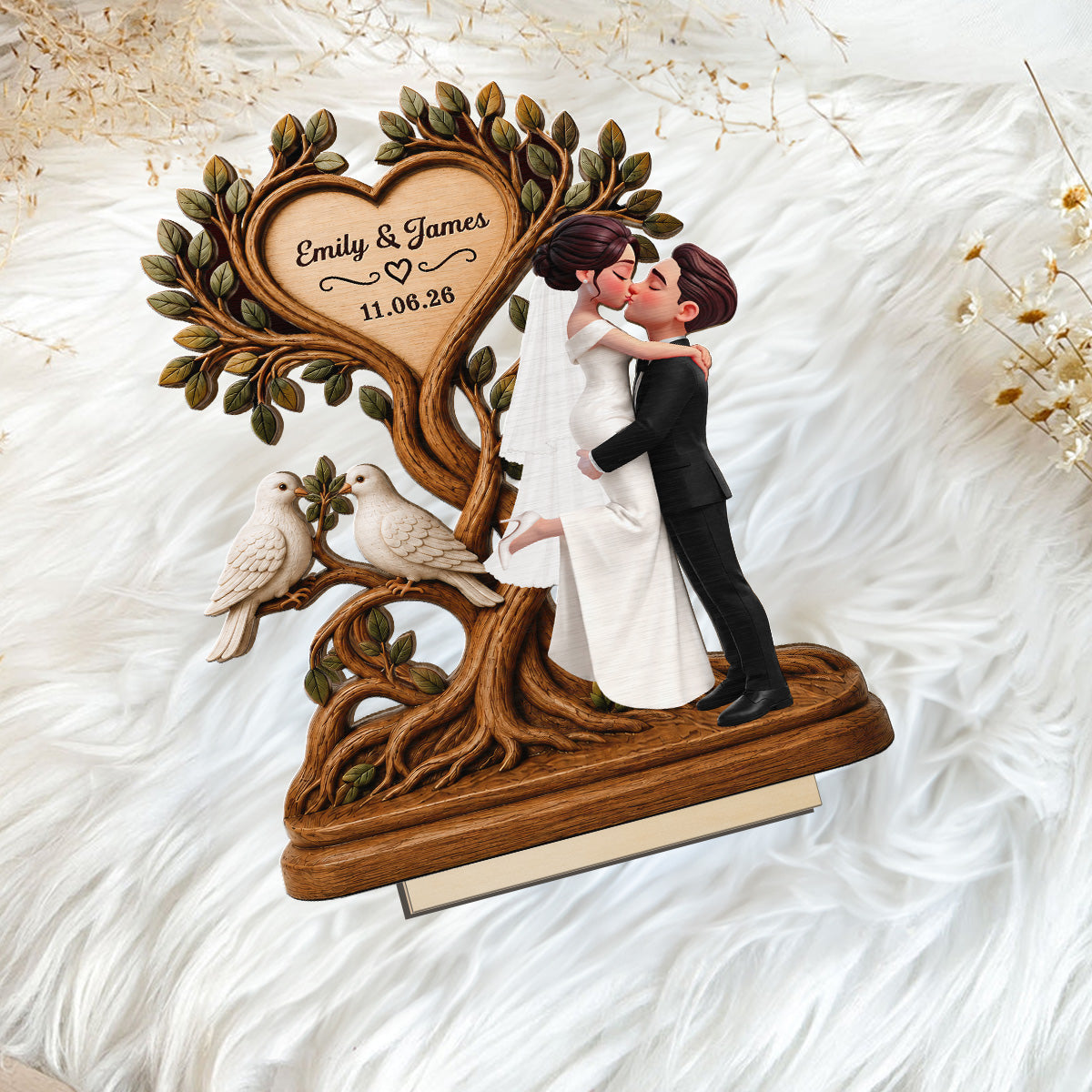 Wedding Couple Tree Of Life With Doves - Personalized 2-Layered Wooden Plaque - Wedding Keepsake, Anniversary Gift For Couples